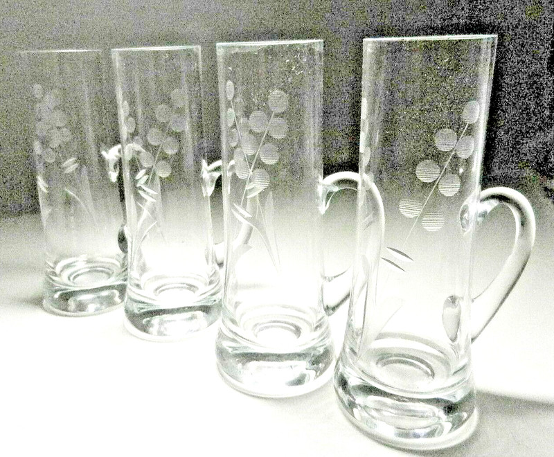 4 Crystal Flower Etched Bohemian Glass Czechoslovakia Liqueur Cordial Shot-1950s