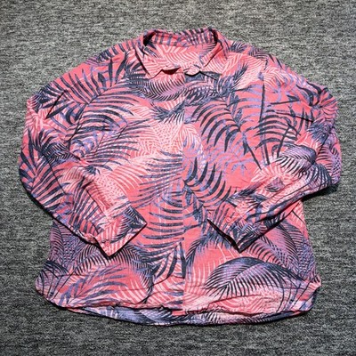 M&S Leinenhemd Damen UK14 Rosa Lila Tropical Palmen Print Knopf Langarm
