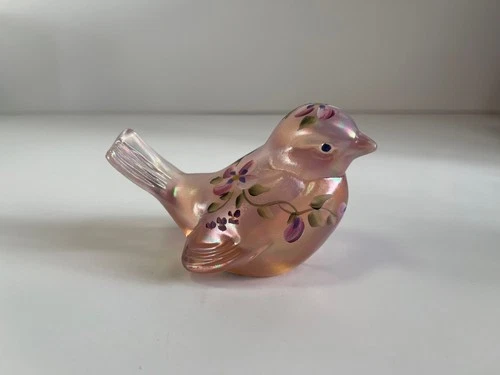 Fenton Art Glass Bird - Champagne Satin Iridized Hand Painted by V. Adkins