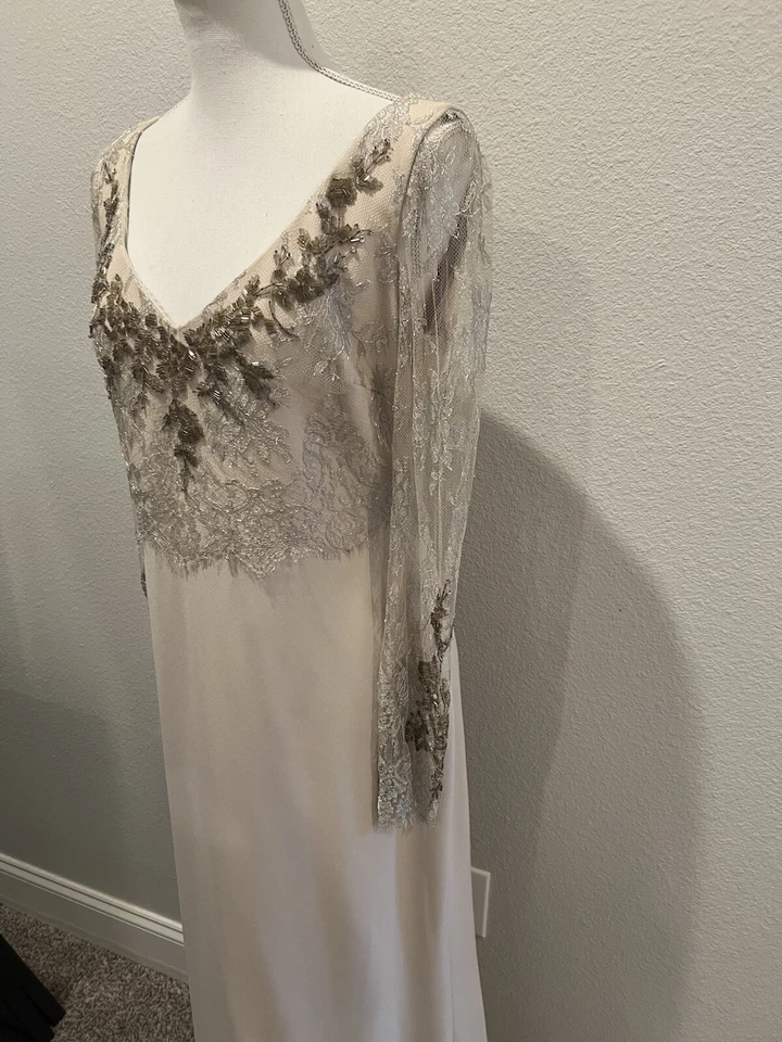 Badgley Mischka Nude Beige Evening Gown Lace Beaded Bodice Formal Dress Size 12 - Image 3 of 4