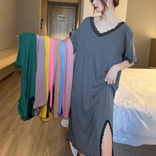 Women Plus Size Short Sleeve Nightgown V-neck Lace Sleep Dress Casual Sleepwear
