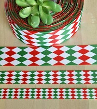 3/8, 5/8, 7/8  1.5 Inch 1 YD Argyle Christmas Print Ribbon Red Green Grinch