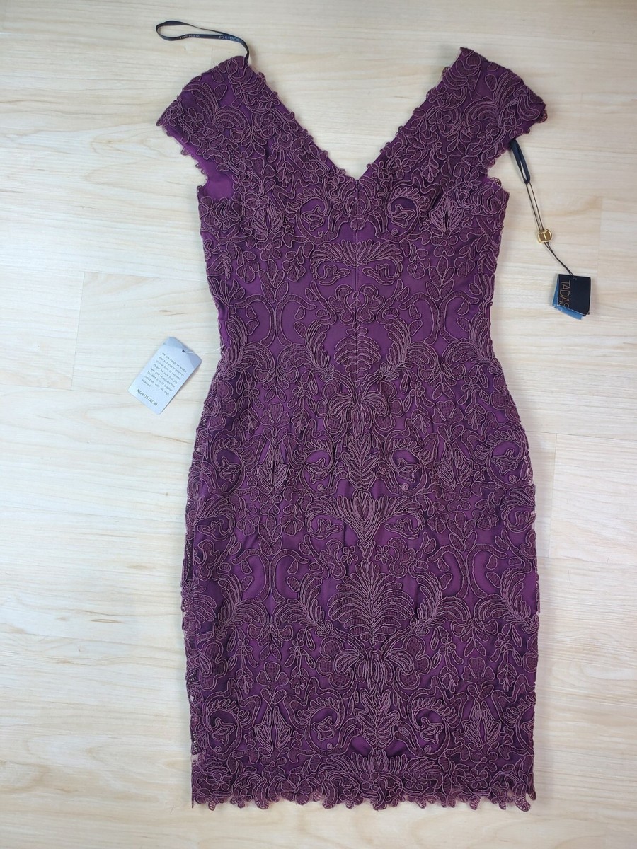 【TADASHI SHOJI】ESHA 刺繍 ウエスト リボン ガウン Tadashi Shoji Womens Dress Burgundy Corded Lace V-Neck Tulle