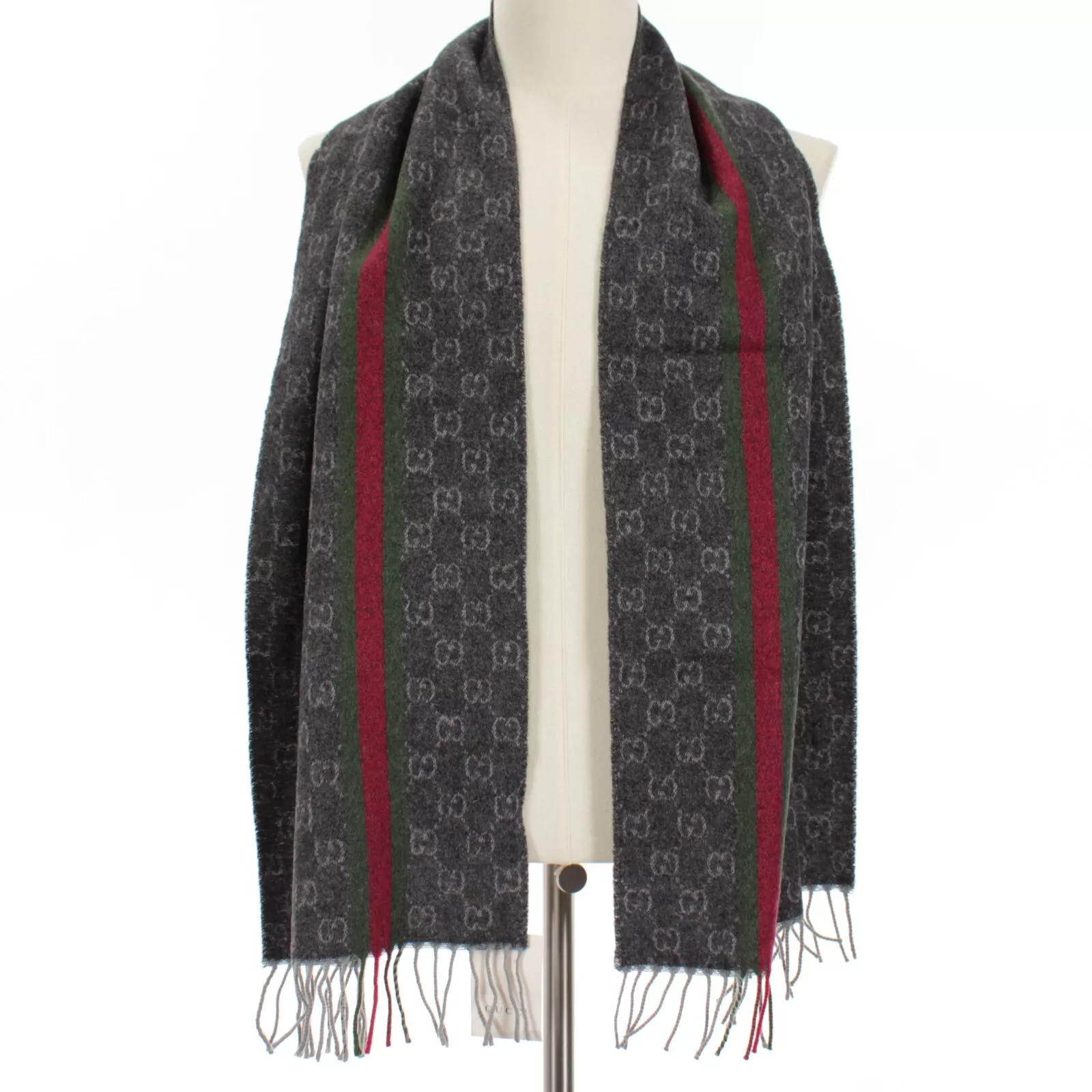 Foulard Gucci neuf avec étiquette 100% cachemire monogramme et rayures taille unique en gris/rouge/vert