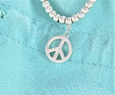 Tiffany & Co Silver Peace Sign Charm 7" Bead Bracelet in Pouch Rare Lovely Gift