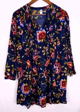 Old Navy Blue Orange Floral Shift Dress Pintuck Pleated Long Sleeve Size Medium