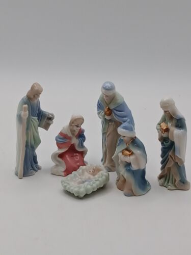 6 Piece Porcelain  Christmas Nativity Set  Hand Painted Miniature  Dollhouse 3" - Picture 1 of 12