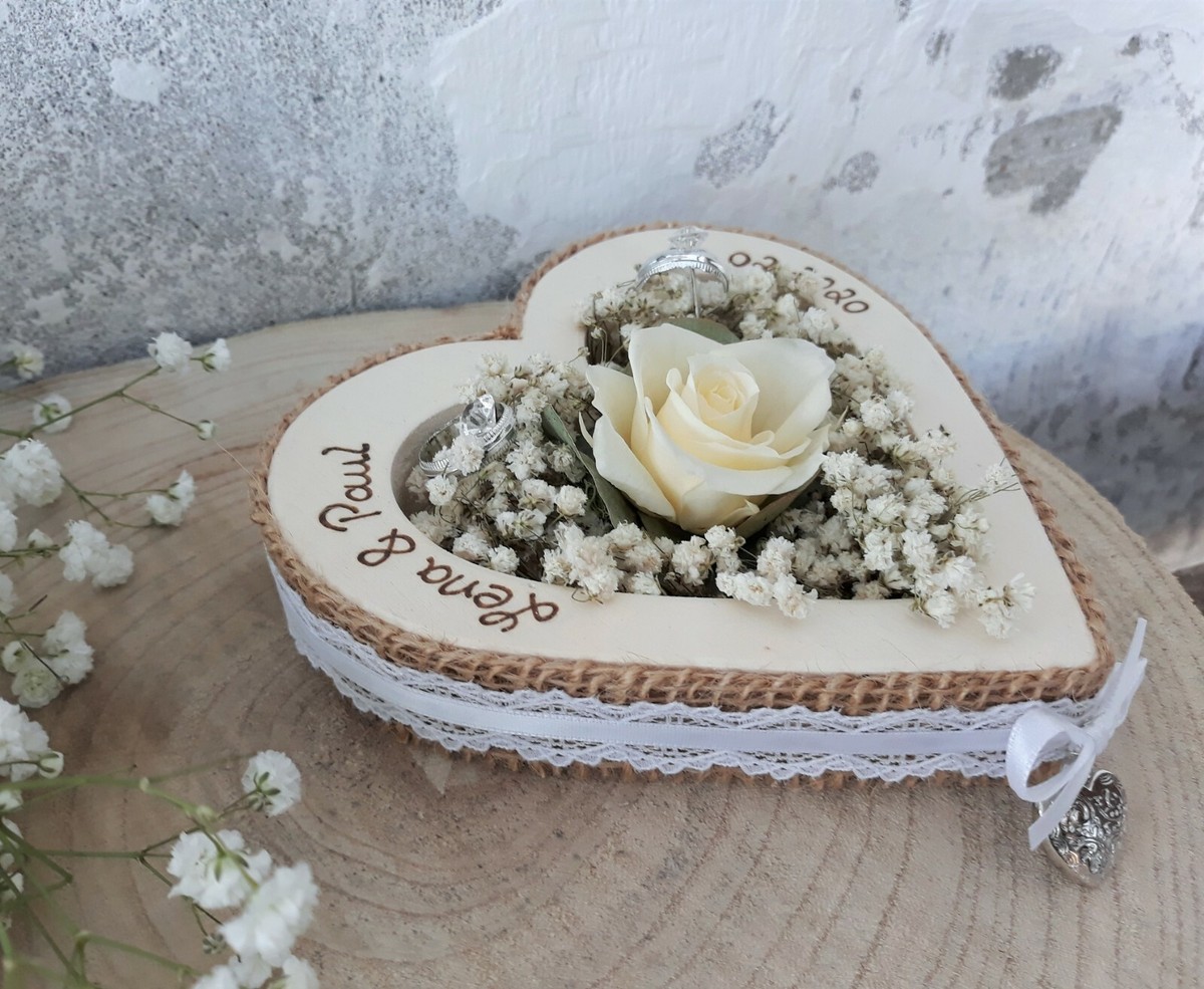 Hochzeits Ringkissen Herzform - Romantisches Rosen Design Mit Strass, 18x19cm, Rosa Satin