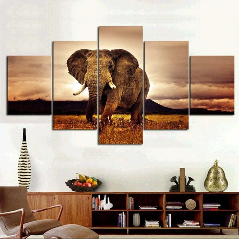 Multi Panel Print African Bull Elephant Canvas 5 Piece Picture Wall Art Africa - Image 2 of 4