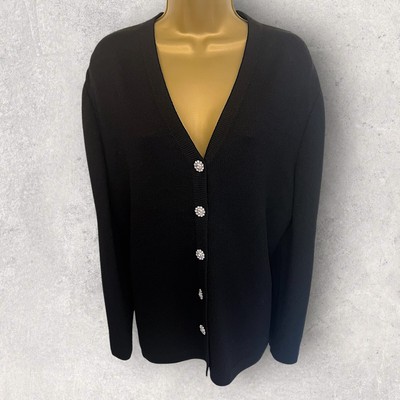 St John Damen Vintage schwarz Wolle Diamant Knopf Langarm Cardigan UK 16