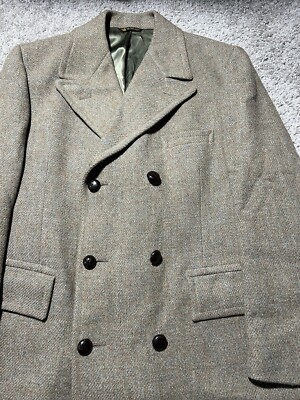 Vintage Harris Tweed Men 44 Brown Orange Blue Country Trench Coat