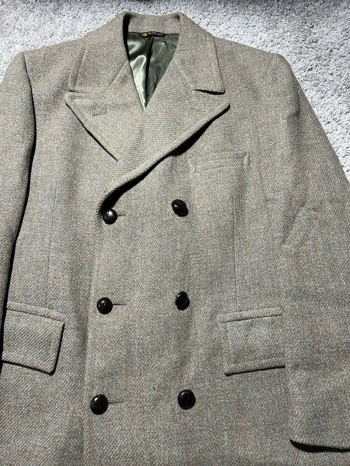 Vintage Harris Tweed Men 44 Brown Orange Blue Country Trench Coat Wool 70s - Image 2 of 4