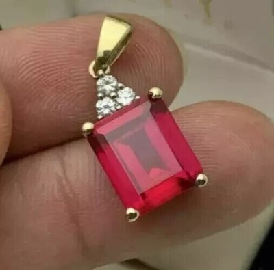14K Yellow Gold Plated 2Ct Emerald Cut Simulated Red Ruby Pendant Free Chain