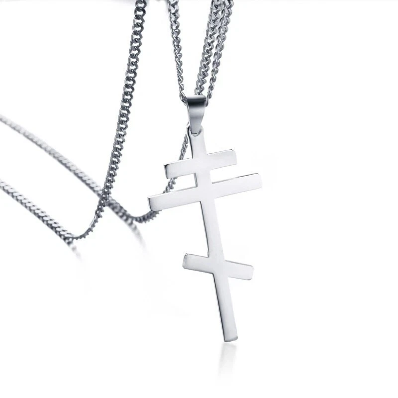 Collar Cruz Plata Ortodoxo Oriental Acero Inoxidable Colgante Hombres Ruso Griego Foto 4 de 4
