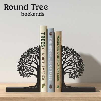Round Tree Bookends   3D Printed PLA, Black Matte, Unique Home Shelf Decor