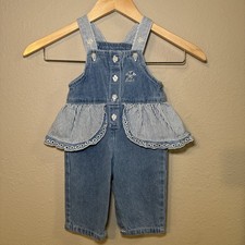 RARE VTG Baby GUESS Denim Overalls W/ Ruffle Made USA -9 Months- Embroidery Logo