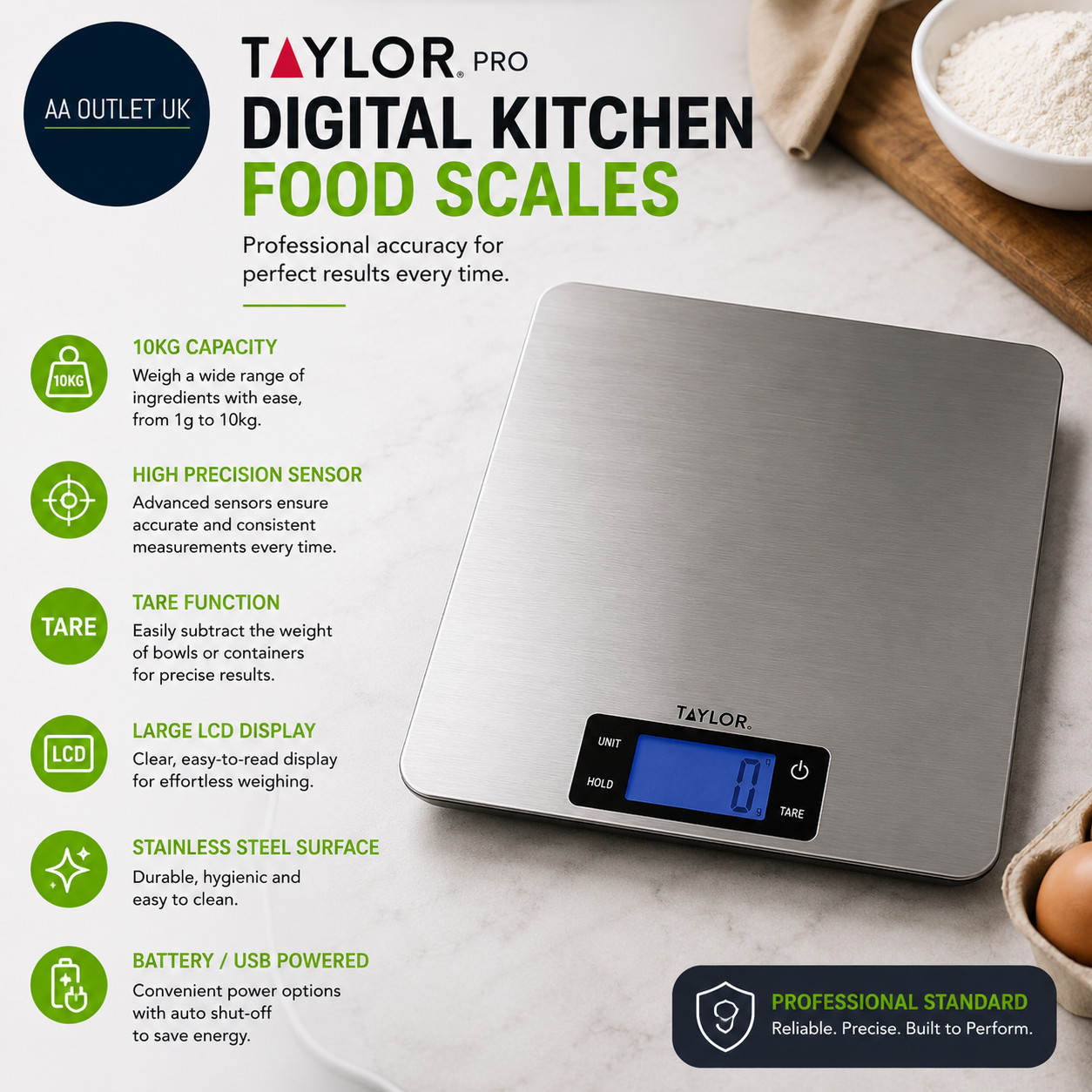 Taylor Pro Digital Large Kitchen Food Scales Standard Tare Feature 10kg Silver