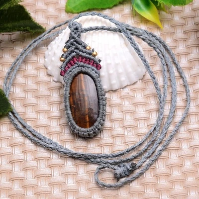 Blick Des Tigers~ Natürliche Tigerauge Handmade Boho Makramee Kristall Halskette - Bild 1 von 4