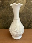 Vintage Imperial Glass White Milk Glass Bud Vase Raised Roses Ruffled Rim 6"