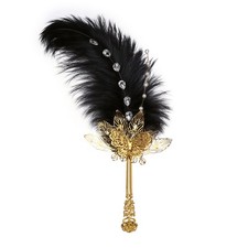 Ostrich Feather Fan, Hand Fan Foldable, 15 x 6.5"  Gold Handle, Black Feathers