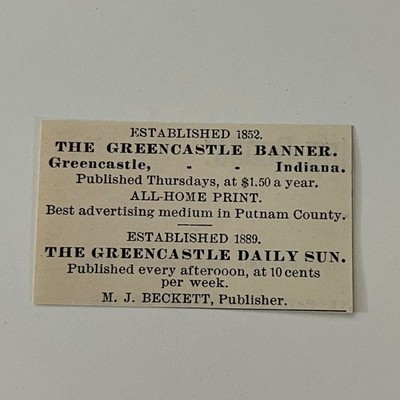 The Greencastle Banner M. J. Beckett Greencastle IN 1890 Newspaper Ad SAI8-S67