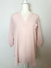 Lush Womens Tunic Blouse Size S Pink V Neck Pleated Pocket Roll Tab Sleeves