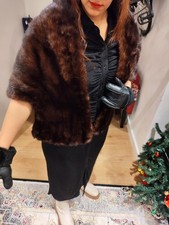 Vintage real fur stole wrap shoulder cape dark honey brown real mink fur