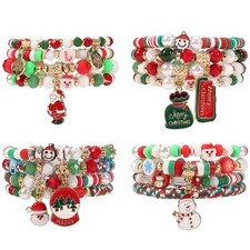 4 Set Christmas Bracelets Snowman Snowflake Santa Claus Stackable Heishi Beaded