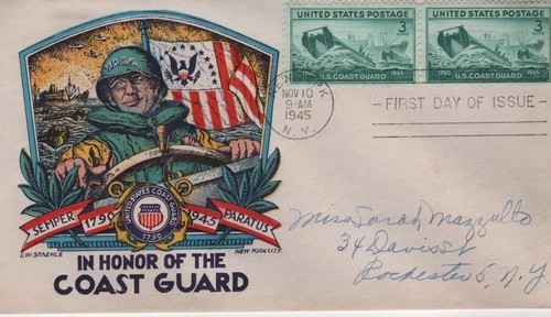 US #936 pair Coast Guard FDC addressed cacheted Honoring US Coast Guard c1945