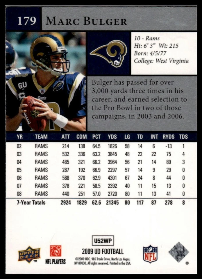2009 Upper Deck #179 Marc Bulger - Image 2 of 2