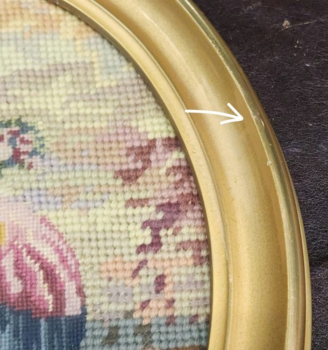 Vintage Oval Needlepoint Embroidery of Young Woman w/Flower Bouquet, 10.5"x8.5" - Picture 6 of 6