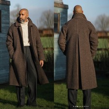 Brown Houndstooth Men's Overcoat Formal Business Outdoor Casual Warm Long Coat