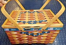 Vintage Amercana Picnic Basket Red and Blue, America and Stars Painted on Basket