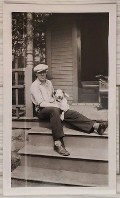 VTG Young Man with Dog Dogo Argentino in Lap Found Photo Estate 5.5''x3.5''