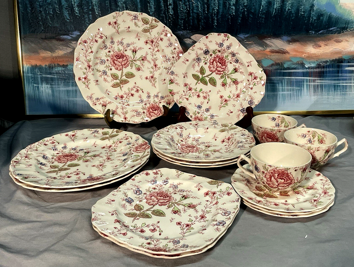 Vintage 15 Pc Johnson Brothers Rose Chintz Pink Dinner Set | eBay