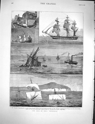 Alter antiker Druck 1878 Schiffswrack H.M.S Eurydike Krankenhaus Ventnor Taucher 19.