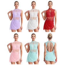 Women Dresses Lyrical Dancewear Asymmetrical Dress Stage Sleeveless Cutout Mesh