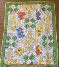 Retro Crib Blanket That's Our Baby Quilt Bear Lion 41  X 33  Colorful Handmade