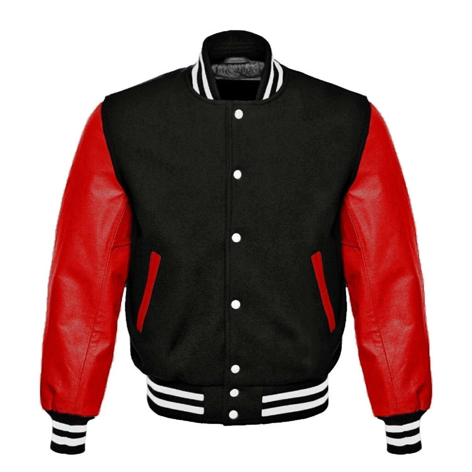 New Letterman Varsity Bomber Jacket Black Genuine Wool and Red Leather Sleeves