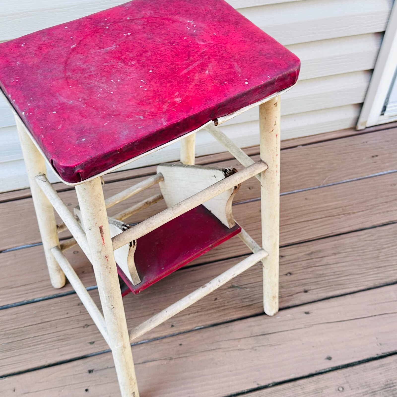 vtg wood step stool fold out steps White w red farmhouse 50s
