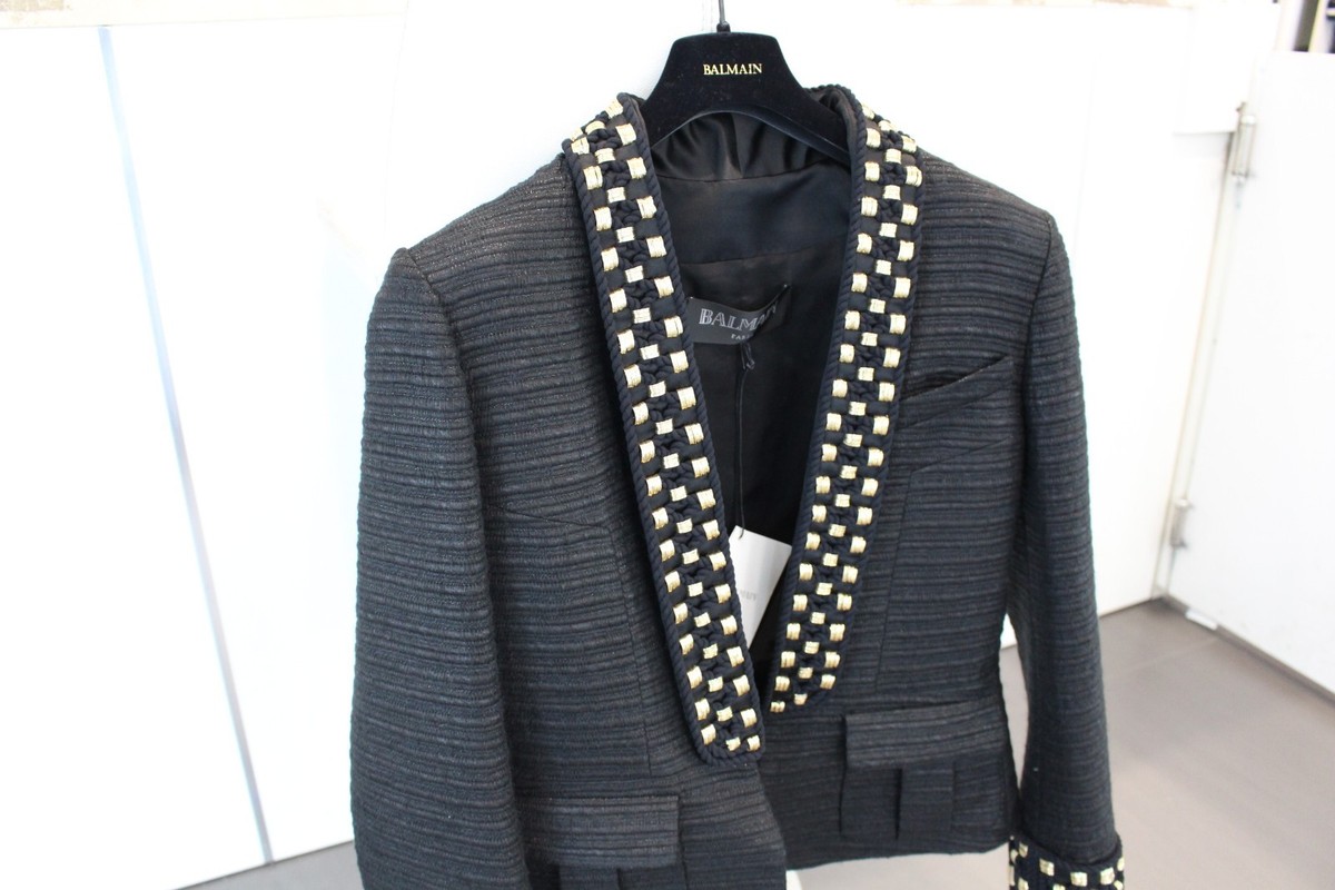 BALMAIN ピアスジャケット Balmain Metalic Black Blazer Golden Trim Sz IT42/M-RRP $9000