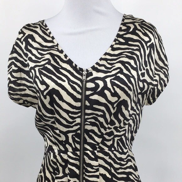 Walter Top Mujer XS Negro Crema Estampado Cebra Seda Cremallera Frontal Túnica Animal Foto 2 de 4
