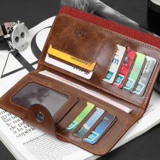 Mens Genuine Leather Long Bifold Wallet ID Card Purse Checkbook Clutch Billfold