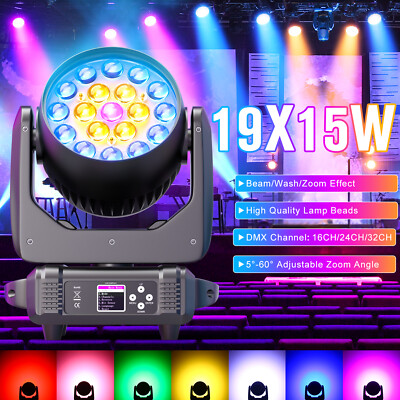19x15W LED Moving Head Light RGBW Zoom Beam Stage Wash Lighting DJ Party Lights