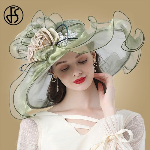 Flower Hat Fascinator Women Wide Brim Wedding Church Organza  display picture 2