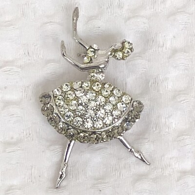 Pretty Silver Tone with Gray-Clear Rhinestone Dancing Ballerina