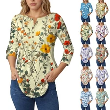 3/4 Length Sleeve Womens Tops Summer T-Shirts Floral Print V Neck Casual Basic