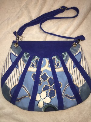 Ipa Nima Royal Blue Suede Floral Patchwork Large Hobo Cross Body Shoulder Bag