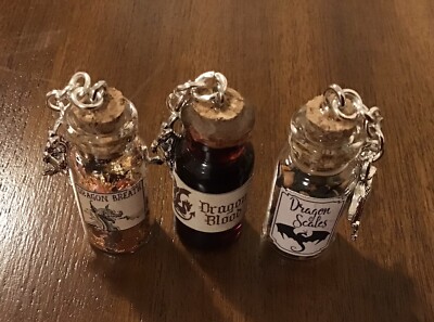 Mini Tränke Flaschen 3er Set.  Drachenblut, Drachenwaage, Drachenatem.