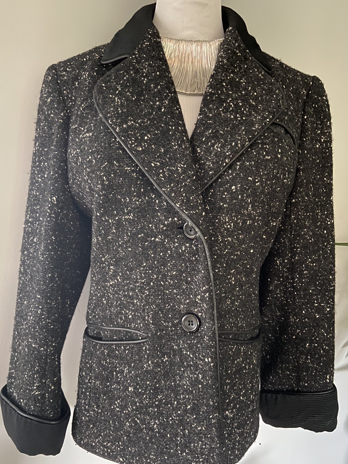 GIACCA CAPPOTTO SAINT LAURENT Rive Gauche in lana pesante tweed finiture in pelle taglia 44